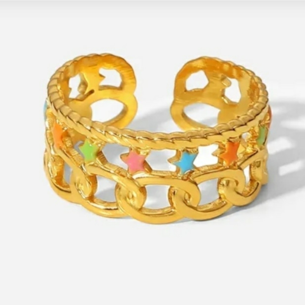 Ring Colorful Star Steel Multi-color On Gold Tone Open-end - Picture 5 of 11